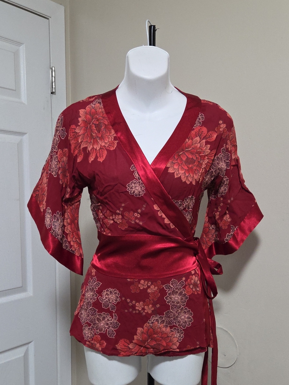 Orsay Floral Satin-Panel Red Sheer Camisole Top